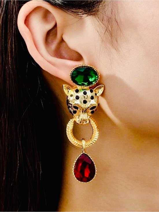 Jewelry - Baroque Gold Leopard Drop Statement Earrings with Green and Red Gemstones NWT